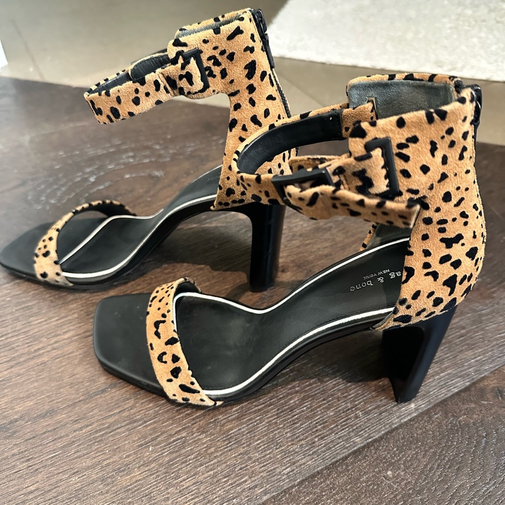 Rag & Bone leopard and black sandal heels. 4 inches high.